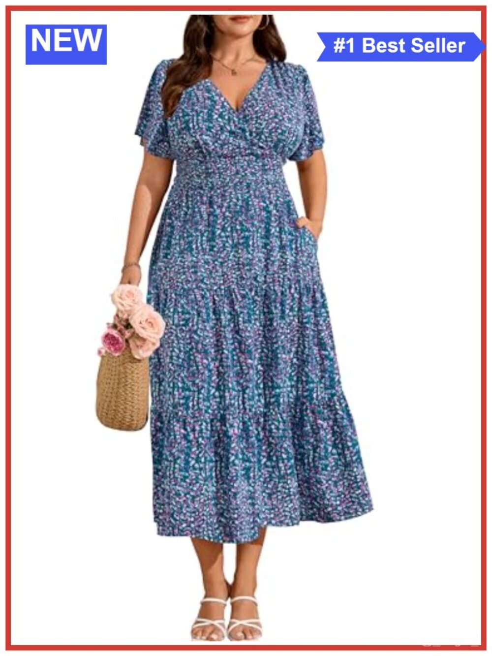 Plus Size Floral Wrap V Neck Maxi Dress Ruffle Sleeve Pockets